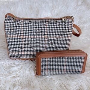 Vintage Brown Plaid Crossbody Bag and Wallet